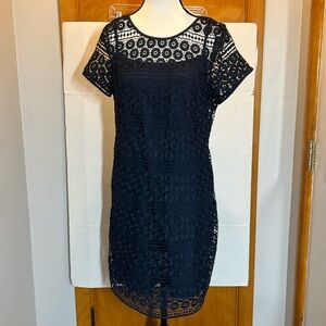 Ann Taylor Loft Women Navy Blue Floral Lace Overlay Dress Size 4